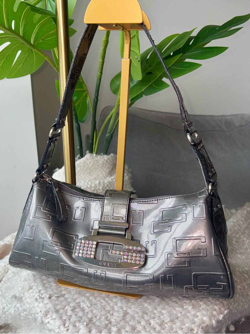 Vintage Y2K GUESS Gunmetal Logo World Rhinestone G Buckle Shoulder Bag 2000s